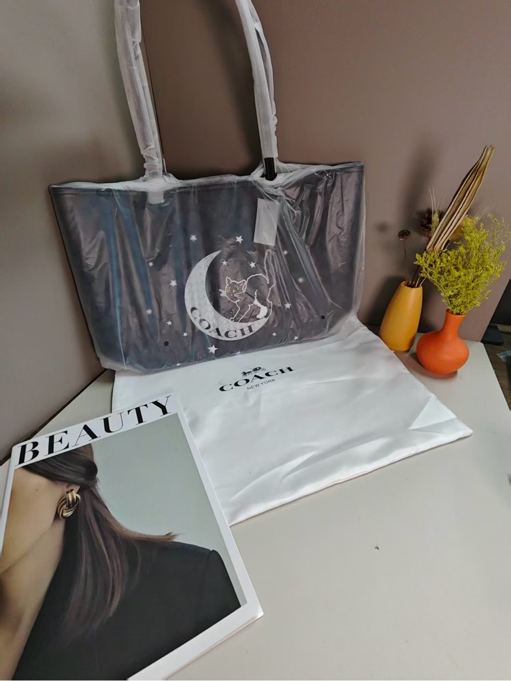 COACH Black Signature Canvas Tote with Moon & Cat Graphic